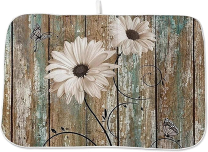 Floral Dish Drying Mat 18x24 Inches For Kitchen Counter Brown Daisy Flower Kitchen Decoration Drying Mat Decorative Floral Drying Pad for Kitchen Dining Room Decor