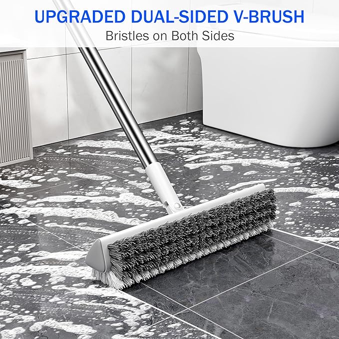 Grout Brush with Long Heavy Duty Handle, 180° Swivel Floor Scrub Brush, V-Shaped Grout Line Scrubber with Stiff Bristles, Cleaning Brush for Deep Cleaning Tile Grout, Shower, Kitchen, and Concrete