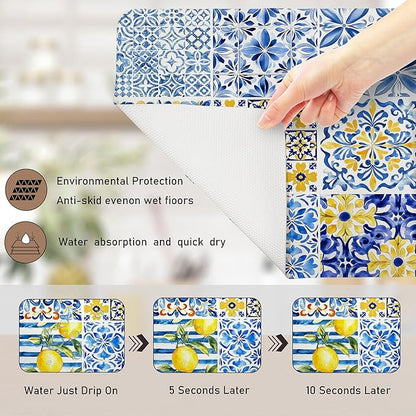 Mediterranean Tiles Dish Drying Mat, Blue White Italy Lemons Coffee Bar Mat for Countertops, Vintage Azulejo Absorbent Dish Drying Mats for Kitchen Counter Coffee Maker, 16x24 Inch