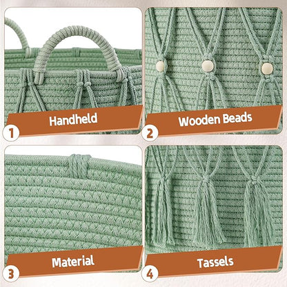 Blanket Basket for Living Room Decor Storage Basket for Toy Organizer Boho Decor Baskets for Modern Farmhouse Decor Small Laundry Basket for Bedroom and Laundry Room Organization,Green