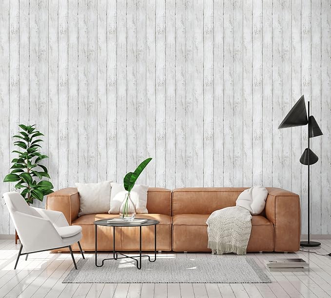 LXCREAT Faux Wood Butcher Block Contact Paper Shiplap Peel and Stick Wallpaper Wooden Planks for Walls 17.5"X393.7" Natural White Self Adhesive Removable Rustic Wallpaper for Shelf Kitchen Decoration