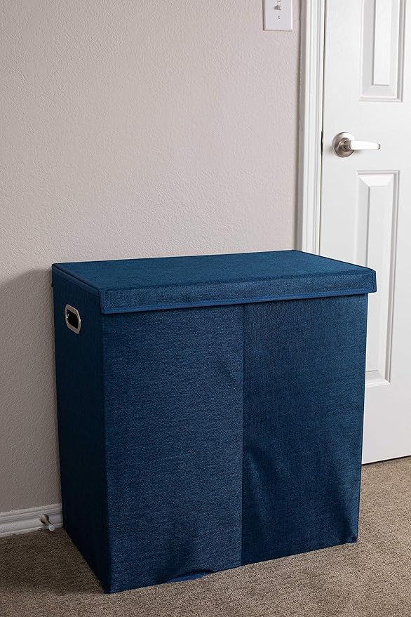 BIRDROCK HOME Laundry Hamper with Lid | Removable Bags for Sorting Clothes | Sectioned Laundry Basket for Bedroom & Bathroom | Collapsible Storage Bin with Cover | Double, Navy