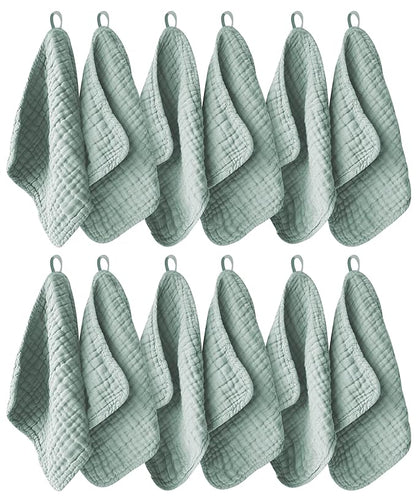 12 Pack Muslin Washcloths for Baby - 100% Cotton Baby Wash Cloths for or Baby Face Body Comfy and Soft for Newborn Infants Kids Girls and Boys - 12"x12" - Green