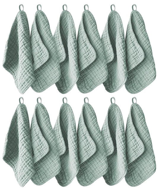 12 Pack Muslin Washcloths for Baby - 100% Cotton Baby Wash Cloths for or Baby Face Body Comfy and Soft for Newborn Infants Kids Girls and Boys - 12"x12" - Green