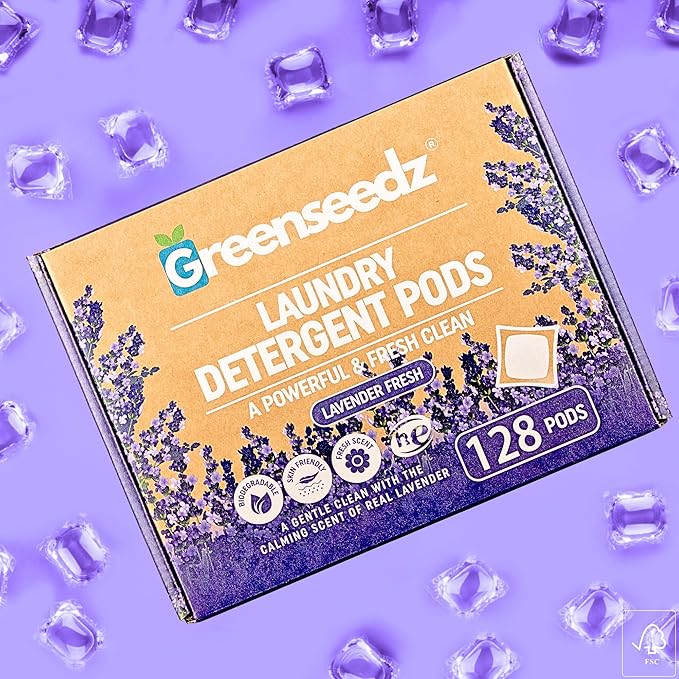 Greenseedz Laundry Pods, Fresh Lavender Scent, 128 Packs, Eco Friendly, Powerful Clean, Biodegradable, HE Compatible