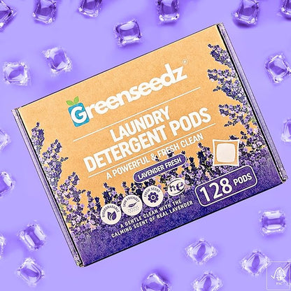 Greenseedz Laundry Pods, Fresh Lavender Scent, 128 Packs, Eco Friendly, Powerful Clean, Biodegradable, HE Compatible