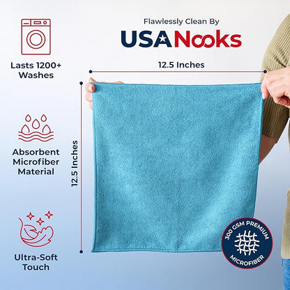 USANOOKS Microfiber Cleaning Cloth - Turq - 24Pcs (12.5x12.5 inch) High Performance - 1200 Washes, Ultra Absorbent Car Towel Traps Grime & Liquid for Streak-Free Mirror Shine - car Washing Cloth