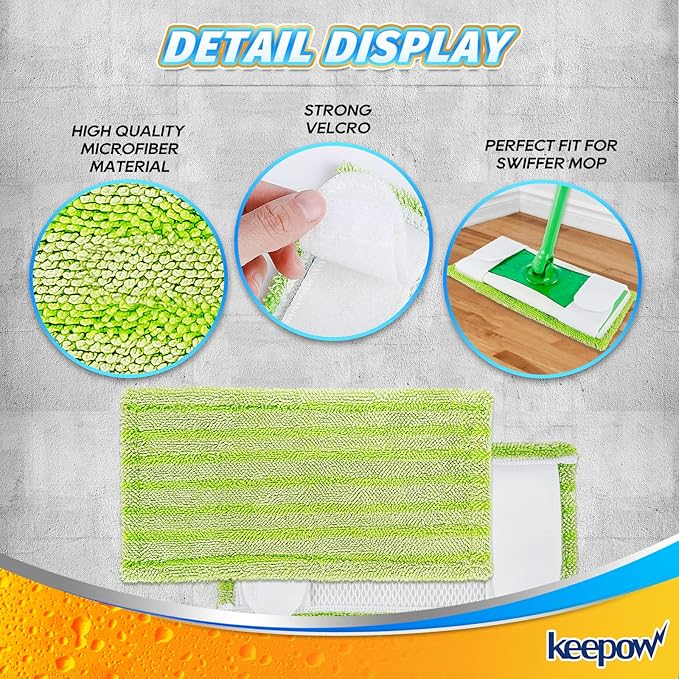 KEEPOW Reusable Mop Pads Compatible with Swiffer Sweeper – Washable Microfiber Floor Cleaning Refills for Wet & Dry Use – 10.6" x 5.1", 4 Pack