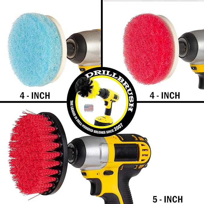 Drill Brush Power Scrubber - Outdoor Cleaning - Stiff Bristle Deck Brush - Concrete Scrub Brush - Bathroom Cleaning - Scrub Pad Attachments for Cordless Drill - Shower Cleaner - Glass Shower Doors