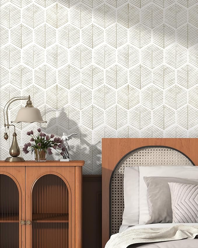 Modern Peel and Stick Wallpaper 17.3''×591'' Self Adhesive Wallpaper Boho Contact Paper Beige and White Geometric Wall Paper Removable Decorative Wallpapers for Bedroom Bathroom Cabinets Decor Vinyl