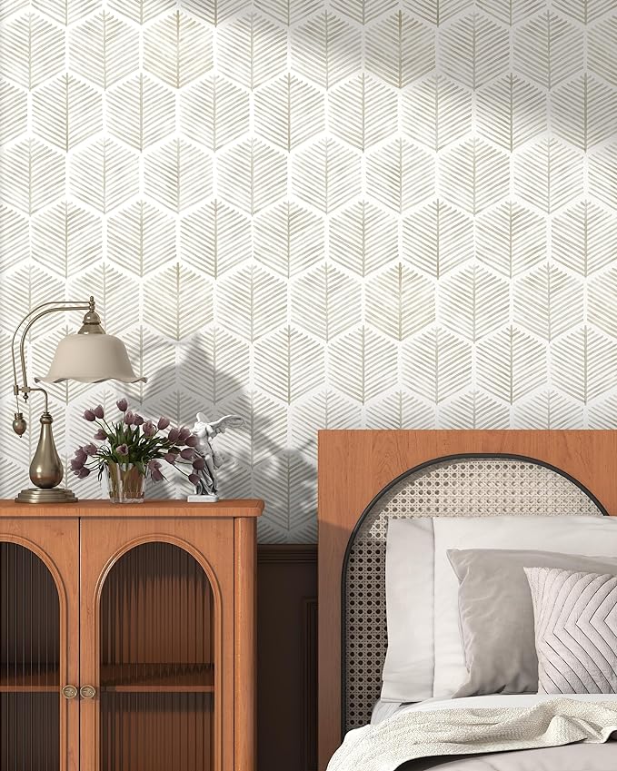 Modern Peel and Stick Wallpaper 17.3''×''787 Self Adhesive Wallpaper Boho Contact Paper Beige and White Geometric Wall Paper Removable Decorative Wallpapers for Bedroom Bathroom Cabinets Decor Vinyl
