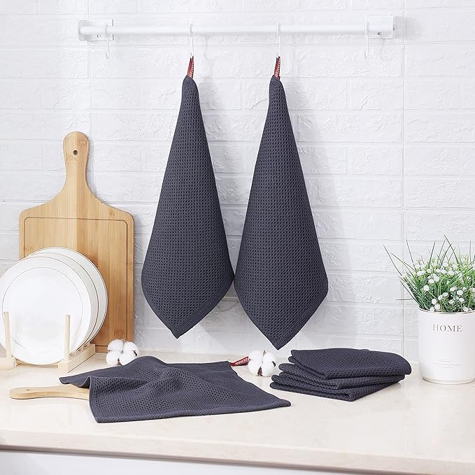 Kitinjoy 100% Cotton Kitchen Dish Cloths (12 X 12 Inches, Dark Grey), 12 Pack Waffle Weave Ultra Soft Absorbent Dish Towels for Drying Dishes Quick Drying Kitchen Towels Dish Rags