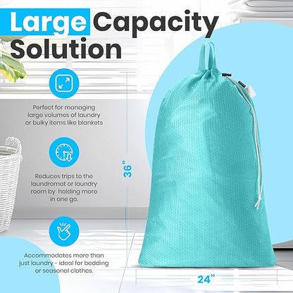 Handy Laundry Mesh Laundry Bag 24 x 36 Inches - Extra Large Heavy Duty Bag with Handles & Shoulder Strap, Breathable, Machine Washable for Dorm, Travel, Bedding & Storage - Teal