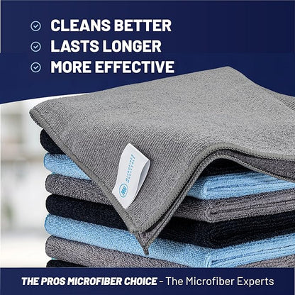MW Pro Microfiber Cleaning Cloth | Black Gray Blue | 12 Pack | 16” x 16” | All Purpose Microfiber Towels - Clean, Dust, Polish, Scrub, Absorbent