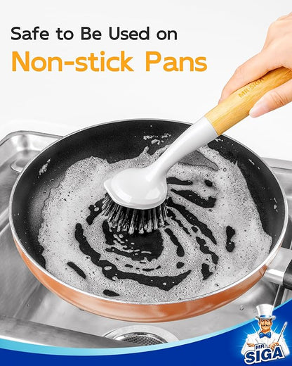 MR.SIGA Dish Brush with Handle, Dish Scrub Brush with Built-in Scraper, Bamboo Dish Brush for Pots and Pans, Kitchen Sink, 2 Pack