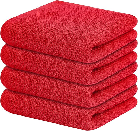 Kitinjoy 100% Cotton Waffle Weave Kitchen Hand Towels (13 x 28 Inches, Red), 4-Pack Super Soft and Absorbent Dish Towels for Drying Dishes