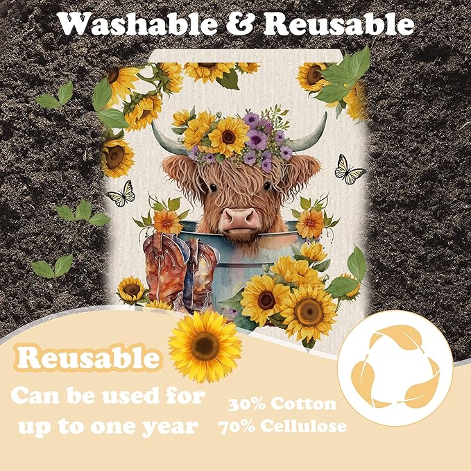 Swedish Dishcloths for Kitchen, 6 Pack Sunflower Highland Cow Swedish Dish Cloths for Washing Dishes, Reusable Washable Absorbent Dish Towels for Home Kitchen Cleaning Quick Drying