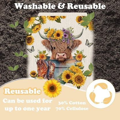 Swedish Dishcloths for Kitchen, 6 Pack Sunflower Highland Cow Swedish Dish Cloths for Washing Dishes, Reusable Washable Absorbent Dish Towels for Home Kitchen Cleaning Quick Drying