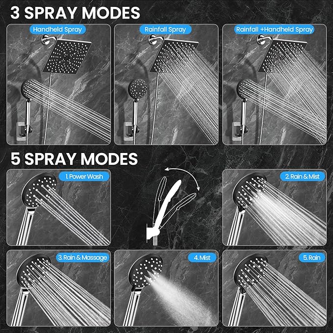 Veken High Pressure Rain Shower Head with Multi-Functions, Square Rainfall Shower Heads with 5-Mode Handheld Spray Combo, Detachable Hand Held Showerhead with Hose, Double Regaderas Para, Chrome