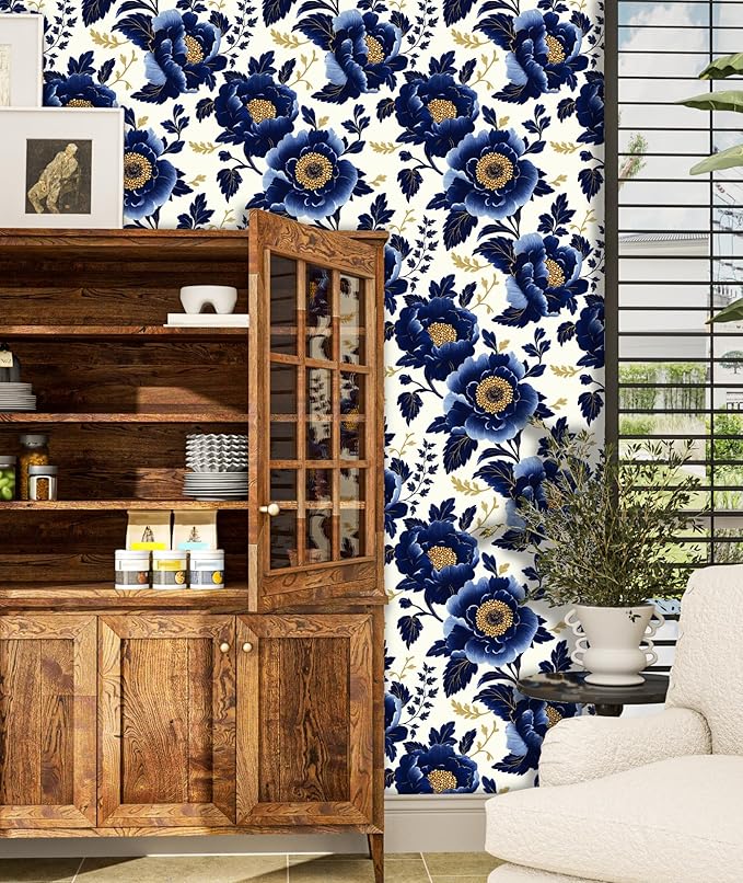 Fvlow Navy Floral Wallpaper Peel and Stick Dark Blue Large Flower Contact Wall Paper Waterproof Self-Adhesive Wall Covering for Bedroom Countertop Desk Cabinets Decor Renter Friendly 17.4" x 118"