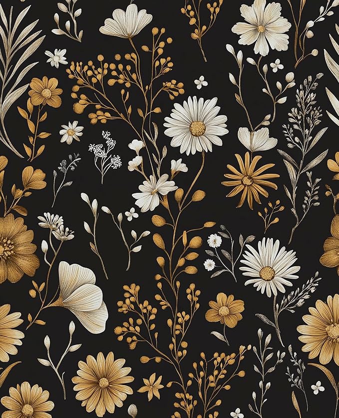 Laatse Vintage Floral Wallpaper Peel and Stick Black Leaf 17.5" x 118" Contact Paper Botanical Flower Self Adhesive Vinyl Waterproof Removable for Kitchen Bathroom Shelves Cabinet Drawer Table Decor