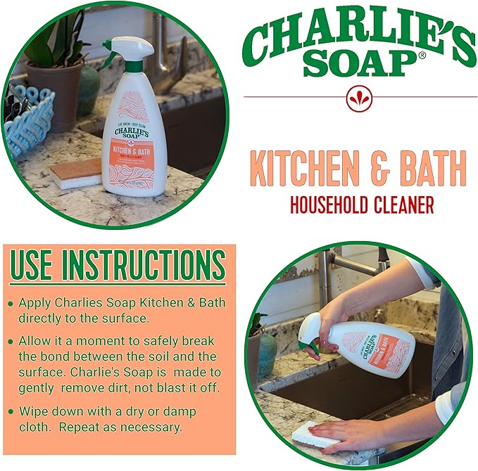 Charlie's Soap Kitchen & Bath Household Cleaner Spray (32 Fl. Oz., 1 Pack) Biodegradable Natural Kitchen and Bathroom Multi-Surface Cleaner