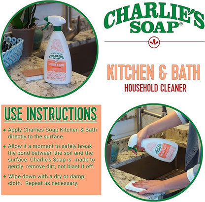 Charlie's Soap Kitchen & Bath Household Cleaner Spray (32 Fl. Oz., 1 Pack) Biodegradable Natural Kitchen and Bathroom Multi-Surface Cleaner