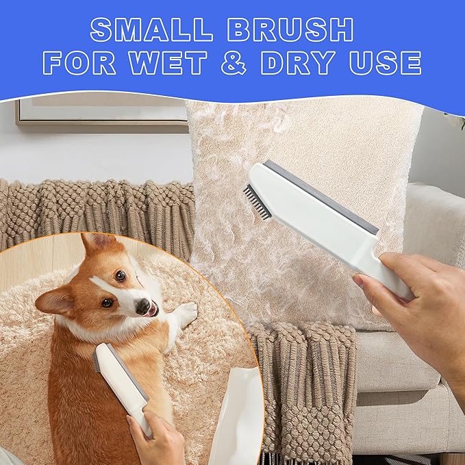 Rubber Broom Carpet Brush with Squeegee, Pet Hair Remover with 52.8 inches Long Handle, Detailing Lint Fur Removal Tool, Silicone Rug Rake for Cleaning Hardwood Floor, Tile, Window (Blue)