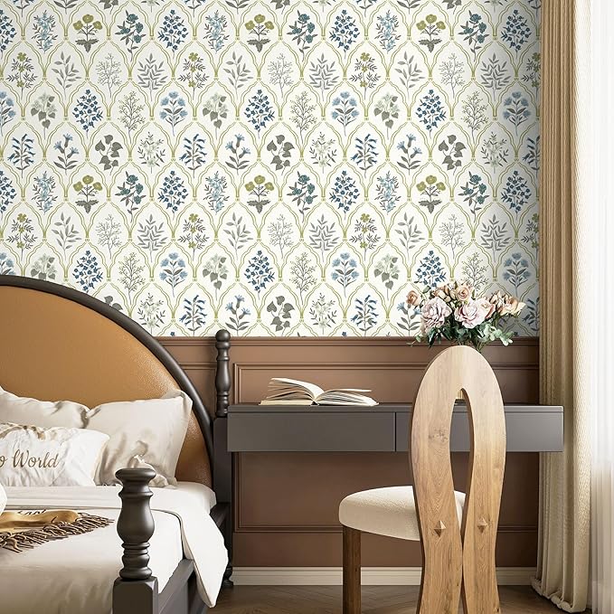 Dimoon 236"x17.3" Peel and Stick Wallpaper Contact Paper Floral Modern Removable Wallpaper Beige Wall Paper Self Adhesive Boho Contactpaper for Cabinets Drawers Blue Vintage Bedroom Thicken Vinyl