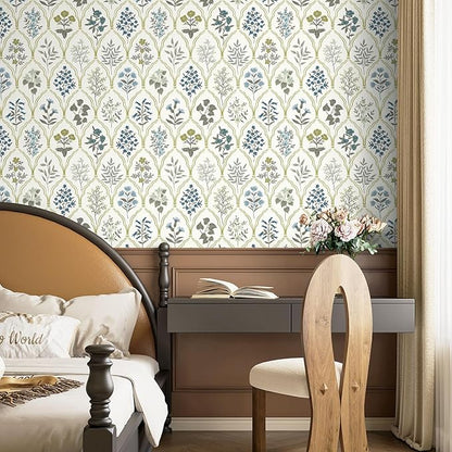 Dimoon 236"x17.3" Peel and Stick Wallpaper Contact Paper Floral Modern Removable Wallpaper Beige Wall Paper Self Adhesive Boho Contactpaper for Cabinets Drawers Blue Vintage Bedroom Thicken Vinyl