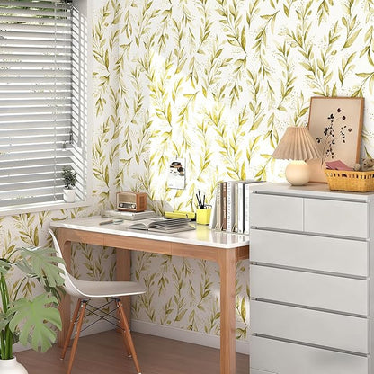 Livebor Leaf Peel and Stick Wallpaper Olive Leaf Contact Paper17.7in x 196.8in Sage Floral Wallpaper Peel and Stick Floral Leaves Contact Paper Modern Farmhouse for Bedroom Neutral Decorative