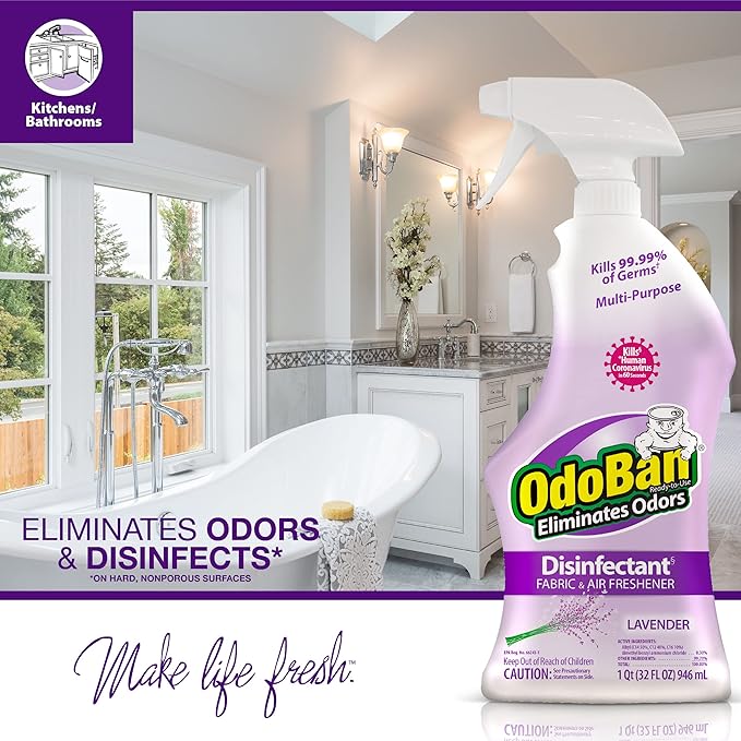 OdoBan Ready-to-Use Disinfectant and Odor Eliminator, Set of 2 Spray Bottles, 32 Ounces Each, Lavender Scent