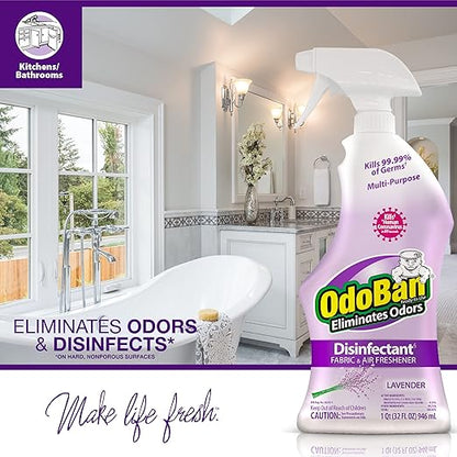 OdoBan Ready-to-Use Disinfectant and Odor Eliminator, Made in the USA, Lavender Scent, 32 Ounce Spray Bottle