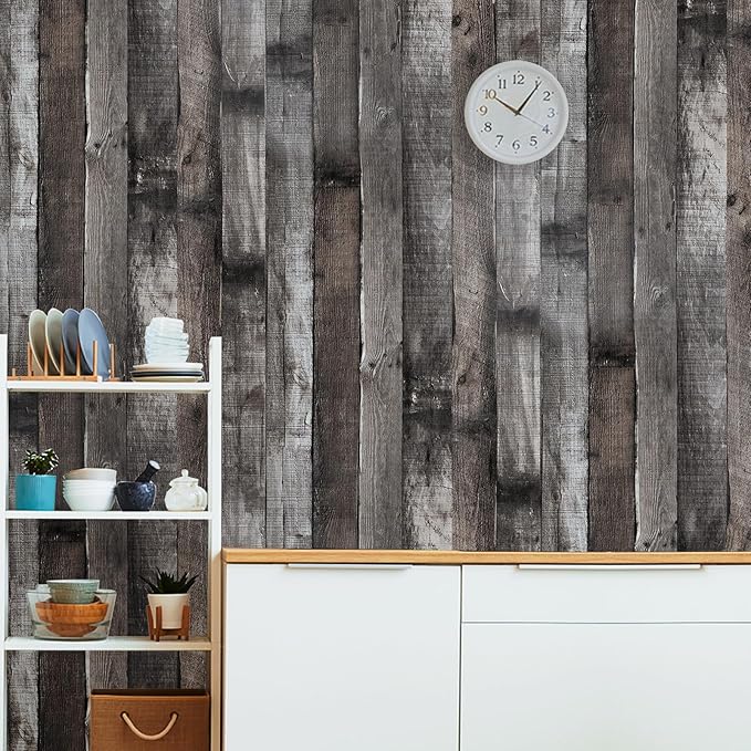 Yun-aeon Natural Wood-Dark Grey Wood Contact Paper Peel and Stick Wallpaper 17.3"x 400"Self Adhesive Removable Vintage Faux Wood Wall Paper Plank Shelf Home Decoration Kitchen Counter Cover Use