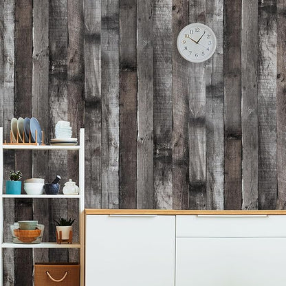Yun-aeon 17.3"x 1200"Natural Wood-Dark Grey Wood Contact Paper Peel and Stick Wallpaper Self Adhesive Removable Vintage Faux Wood Wall Paper Plank Shelf Home Decoration Kitchen Counter Cover Use