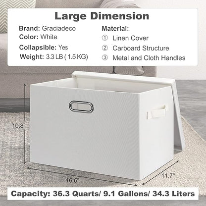 Large 17" 36 Quart Collapsible Stackable Storage Bins with Lids, 3 Packs White Linen Fabric Closet Boxes with Lids, Storage Cube Baskets Container Organizers for Bedroom Office(17 x12 x11)