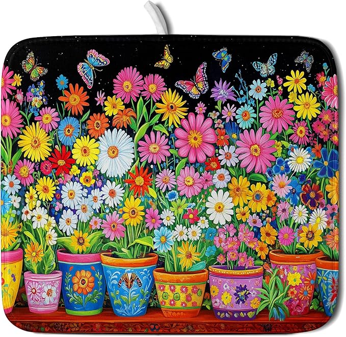 Colorful Floral Dish Drying Mat 16 X 18 Black Spring Flowers Absorbent Microfiber Kitchen Decor Counter Mats