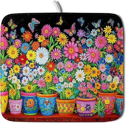 Colorful Floral Dish Drying Mat 16 X 18 Black Spring Flowers Absorbent Microfiber Kitchen Decor Counter Mats