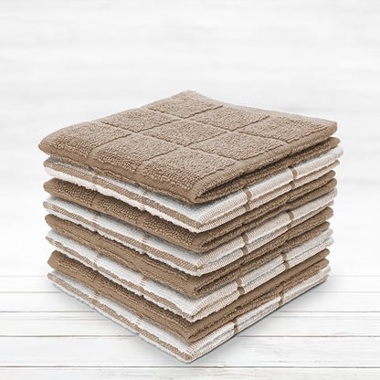 100% Cotton Terry Dish Cloth & Dish Towel, 8 Pack, Super Soft and Absorbent Kitchen Towels, Perfect for Kitchen Cleaning and Dish Washing (TAN (Solid and Checks) 8 Pack)