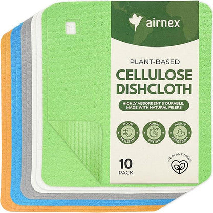 10 Pack Cellulose Swedish Dishcloths for Kitchen - Eco-Concious Reusable Dish Towels & Cloths - Super Absorbent, Odor Resistant and Fast Drying Wash Cloths for Dishes & Surfaces