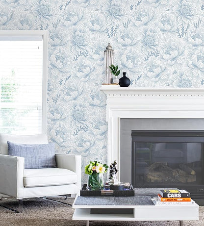 Guvana Peel and Stick Wallpaper Blue Floral Contact Paper Boho Wallpaper Modern Large Blue Flower Wall Paper for Bathroom Bedroom Living Room Accent Wall Removable Waterproof Vinyl Rolls 17.3in×197in