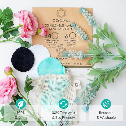 30-Pack Reusable Makeup Remover Pads | Eco Friendly & Zero Waste Cotton Rounds | Beauty Products | Natural & Organic Face Pads with Laundry Bag | Soft for All Skin Types | Bamboo Wipes for Cleansing
