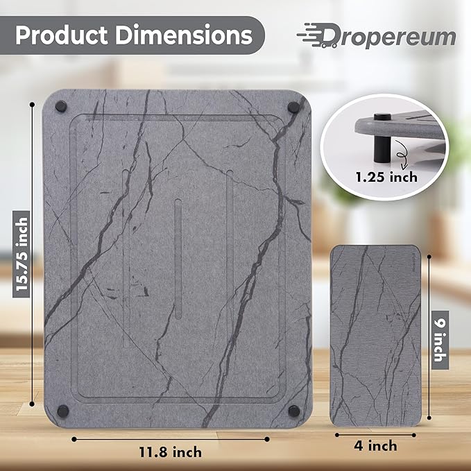 Stone Drying Mat for Kitchen Counter + Sink Caddy | 15.7"x11.8" Diatomaceous Earth Drying Mat with Stainless Steel Feet | Heat Resistant to 450°F | Eco-Friendly & Multipurpose Drying Mat- Dark Grey