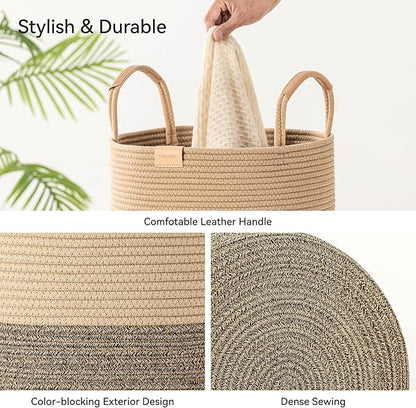 62L Striped Laundry Hamper with Leather Handles,Large Foldable Laundry Basket for Clothes,Cotton Rope Storage Bin for Blankets,Woven Clothes Basket for Bedroom,Dark Brown Stripes