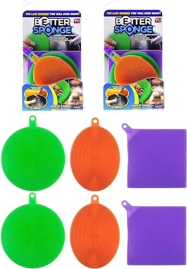 Multi-Use Silicone Cleaning Sponges Set - 6 Pack Mildew-Free Dishwashing Scrubbers | Non-Abrasive, Hangable, and Versatile Kitchen & Household Cleaning Tools