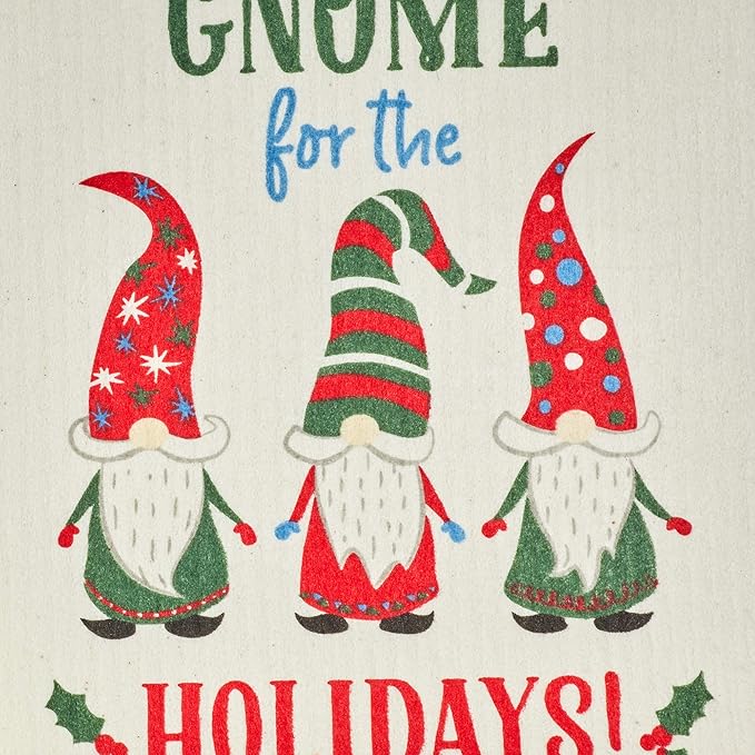 DII Swedish Dishcloths for Kitchen & Cleaning, Reusable, Machine Washable & Dishwasher Safe, Biodegradable, 7.75 x 6.75, Gnome Holidays, 3 Piece