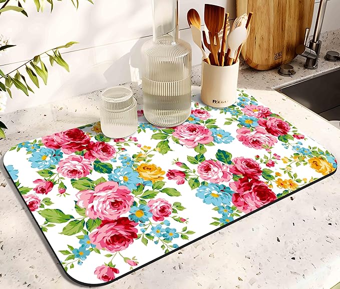 Dish Drying Mat for Kitchen Counter 20x12in Washable Quick Dish Drying Pad Rubber Backed Absorbent Draining Mat Fit Kitchen Counter,Bar,Under Sink,Dishes,Utensils,Dish Rack