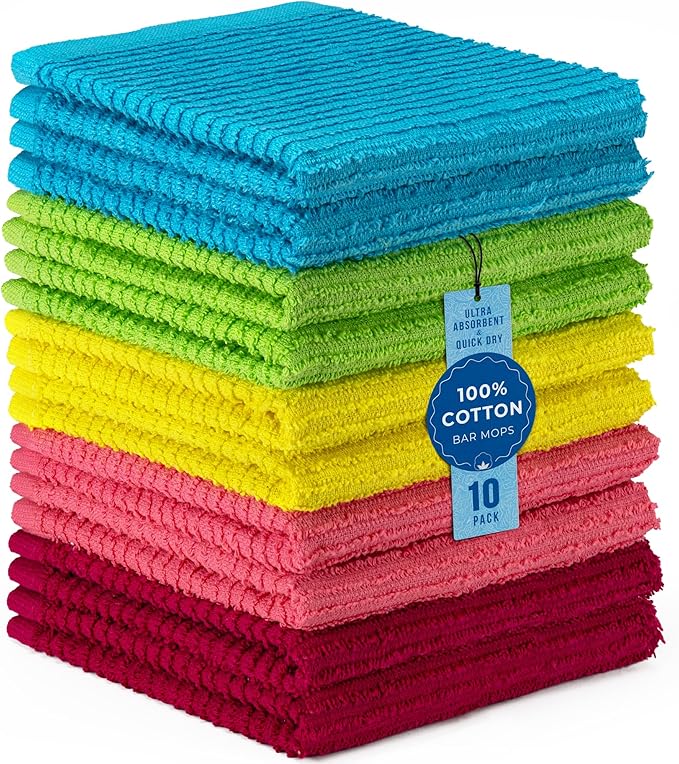 DecorRack 100% Cotton Bar Mops, Kitchen Dish Cloths, Multi-Purpose Cleaning Towels, Ultra Absorbent, Machine Washable, Quick Dry, Cheerful Assortment (Pack of 10)