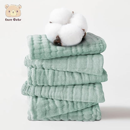 12 Pack Muslin Washcloths for Baby - 100% Cotton Baby Wash Cloths for or Baby Face Body Comfy and Soft for Newborn Infants Kids Girls and Boys - 12"x12" - Green