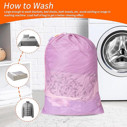 Polecasa Heavy Duty Large Mesh Laundry Bags with ID Tag and Locking Drawstring Closure - 2 Pack, 24 x 36 inches - Laundry Hamper Liner, Washable Laundry Bag for Travel, Sports, Dorms (Pink)
